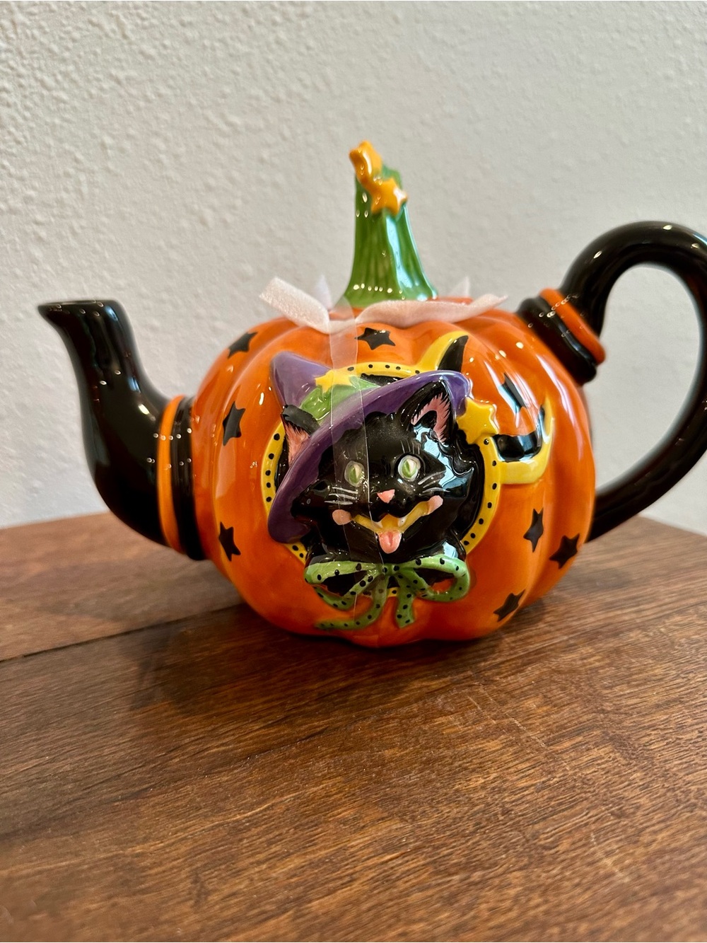 Blue Sky Clayworks Halloween Pumpkin Teapot with Black Cat Accent